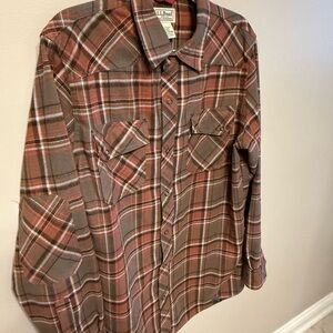 L.L. Bean Men's Brown and Rust Plaid Button-Down Shirt